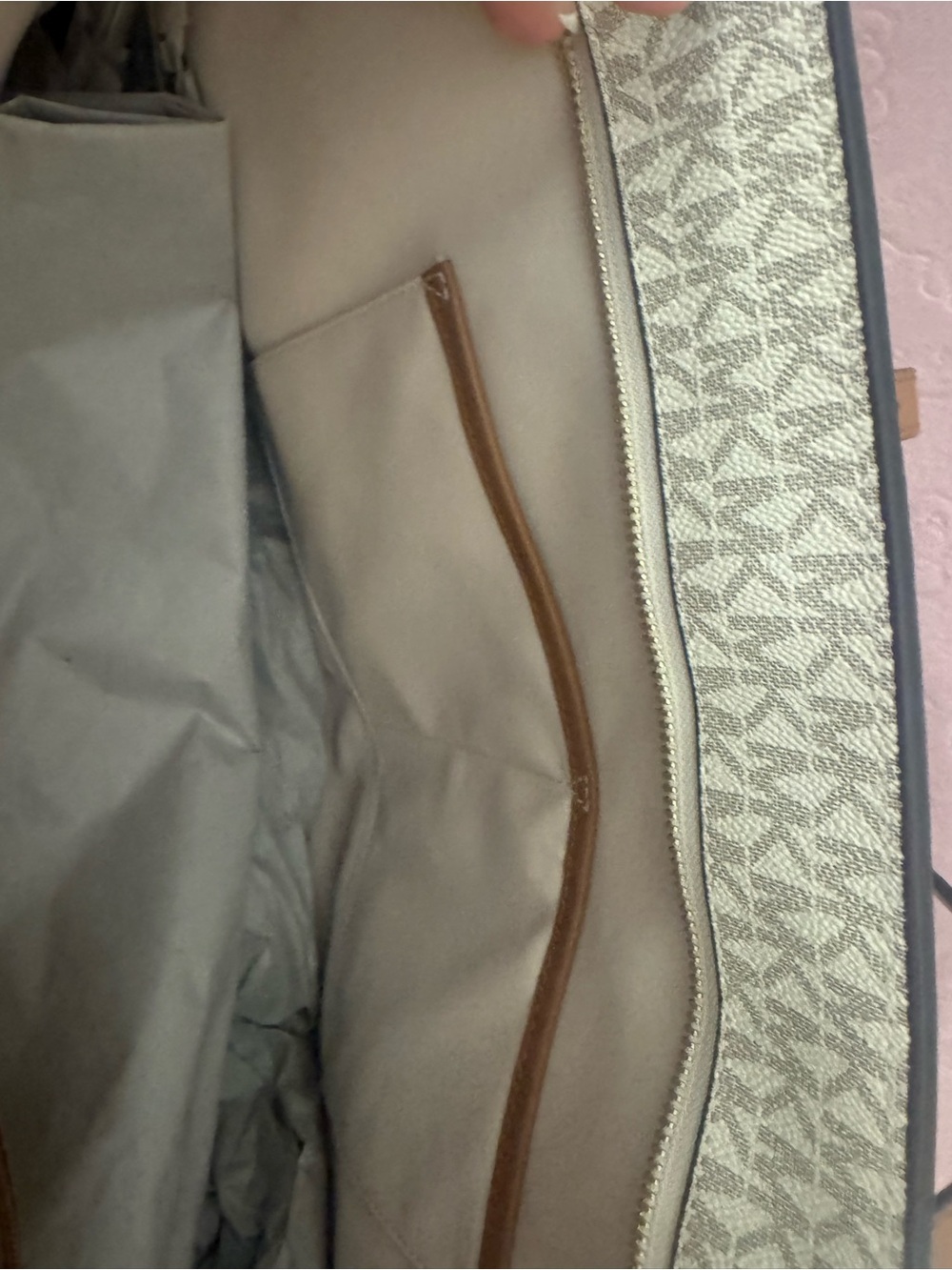 Michael Kors Beige Signature Tote with Brown Trim and Gold Charm - Picture 4 of 6